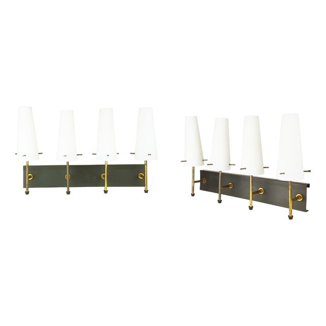 Black Metal, Brass and Opaline Glass 4-Light Wall Lamps, 1950s, Set of 2 For Sale