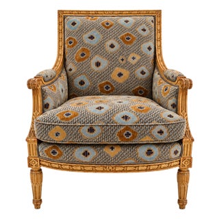 Carved Wood Armchair in Blue & Ochre For Sale