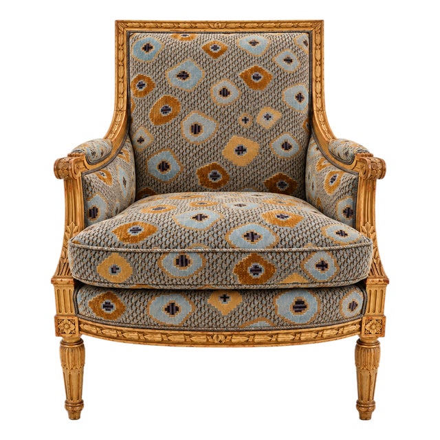 Carved Wood Armchair in Blue & Ochre For Sale