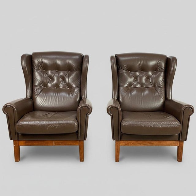 Nordic Wingback Chairs in Brown Leather, 1970, Set of 2 For Sale - Image 9 of 10