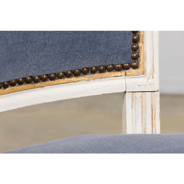 Blue Antique French Louis XVI Style Painted Accent Chairs in Blue Mohair - A Pair For Sale - Image 8 of 18