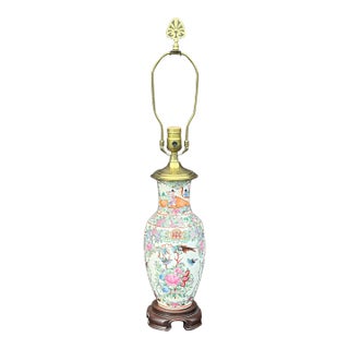 Vintage Famille Rose Porcelain Table Lamp With Brass Finial For Sale
