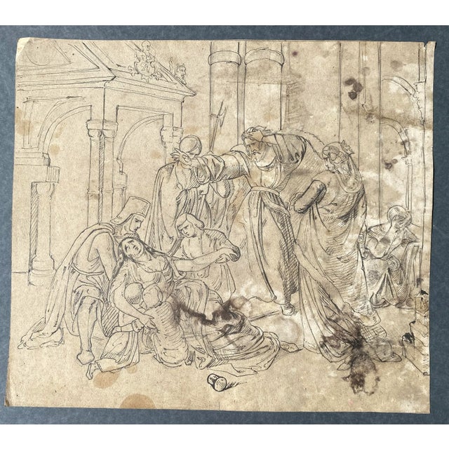 Antique old master style drawing on buff wove paper of a figural scene. Unsigned.