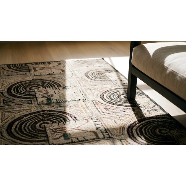 Nice Tan-Beige Background With Prominent Circles Black Geometric Design Antique American Hooked Rug For Sale - Image 15 of 16