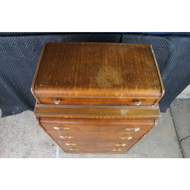 Antique Art Deco Walnut Bakelite Waterfall Dresser Chest of Drawers 53" For Sale - Image 6 of 12