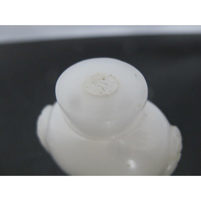 White Chinese Carved Masks White Peking Glass Snuff Bottle With Green Top For Sale - Image 8 of 11