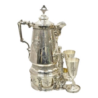 Late 19th Century Victorian Racine Silver Plated Tilting Lemonade Water Pitcher on Stand W/ 2 Goblets For Sale