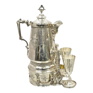 Late 19th Century Victorian Racine Silver Plated Tilting Lemonade Water Pitcher on Stand W/ 2 Goblets