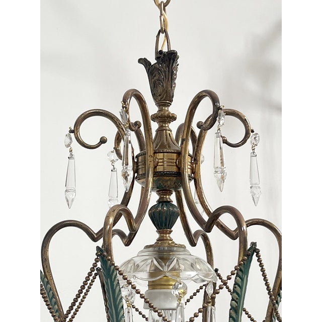 Brass and Green Pendant Light with Cut Crystal Drops, Italy, 1950s For Sale - Image 4 of 17