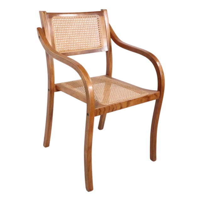 Bent Plywood and Cane Arm Chair Circa 1970's After Thonet For Sale