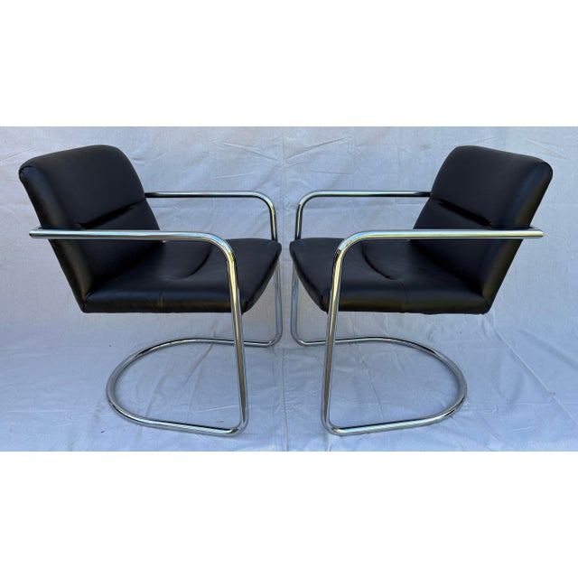 Set of 4 Vintage Modern Cantilever Chrome Armchairs in Black Leather, 1970s. Vegan Leather For Sale - Image 4 of 5