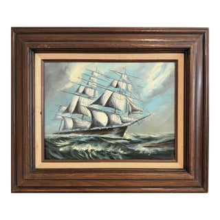 Renato Longanesi - Original Vintage Oil Painting Clipper Ship Stormy Sea Framed For Sale