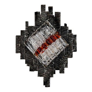 Brutalist Iron and Murano Glass Hanging Light Fixture For Sale