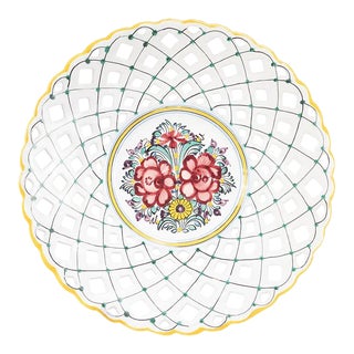 Vintage Modra Slovenska Ceramic Bowl - Slovak Floral Lattice Wall Centerpiece Bowl 12" For Sale