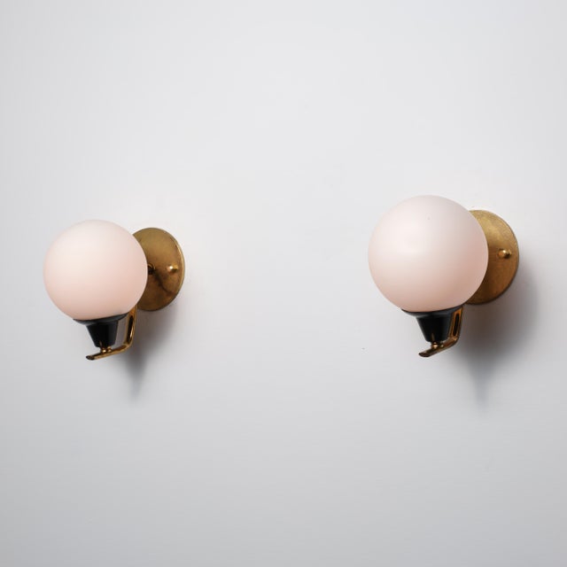 Metal Vintage Italian Wall Sconces in Brass and Opaline Glass, 1950s, Set of 2 For Sale - Image 7 of 12
