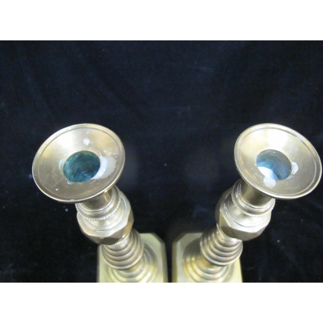 Metal Antique English Brass Beehive & Diamond 14" Candle Holder Candlesticks For Sale - Image 7 of 10
