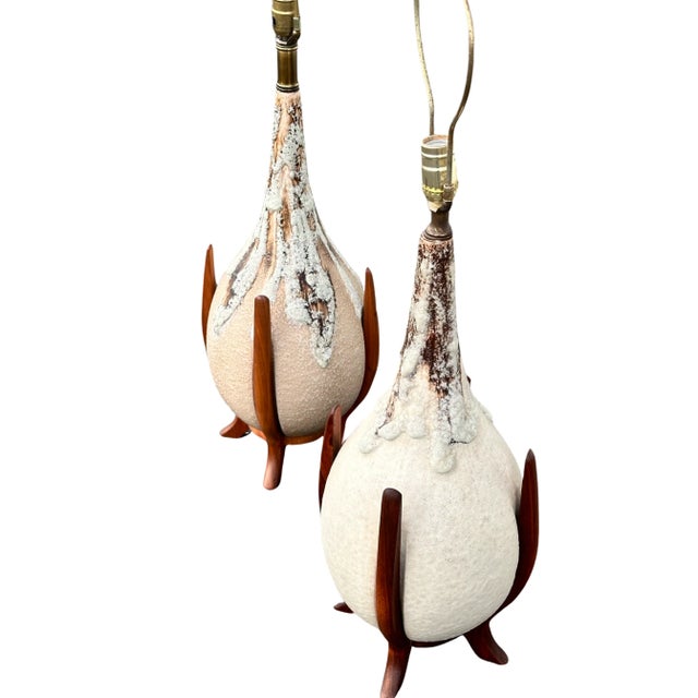 Mid-Century Modern Large of Pair Mid Century Danish Modern Art Pottery Dripping Pattern Table Lamps For Sale - Image 3 of 6