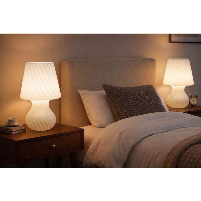 Pair of Murano glass table lamps with iconic white striped decoration Famous "mushroom" design, popular in the 1960s and...