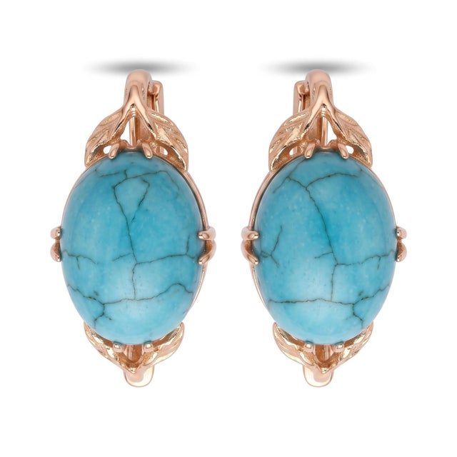 Vintage 14kt Yellow Gold Natural Turquoise Cabochon Earrings, Pair For Sale - Image 4 of 9