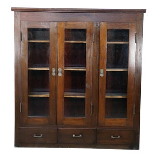 Antique Mission Oak Arts & Crafts Triple Bookcase Curio Display Cabinet 61" For Sale