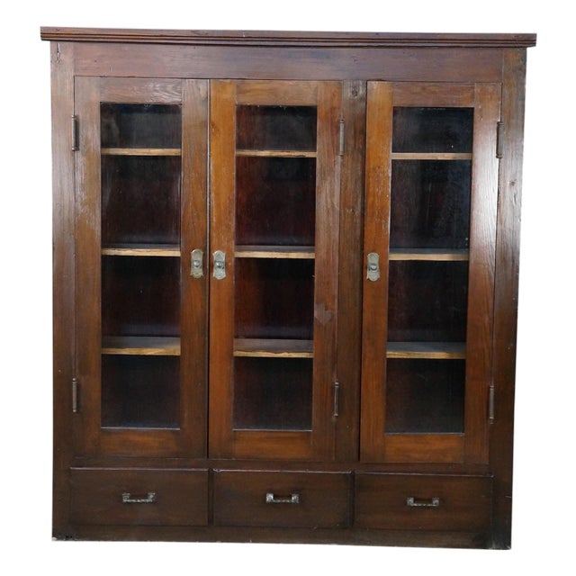 Antique Mission Oak Arts & Crafts Triple Bookcase Curio Display Cabinet 61" For Sale