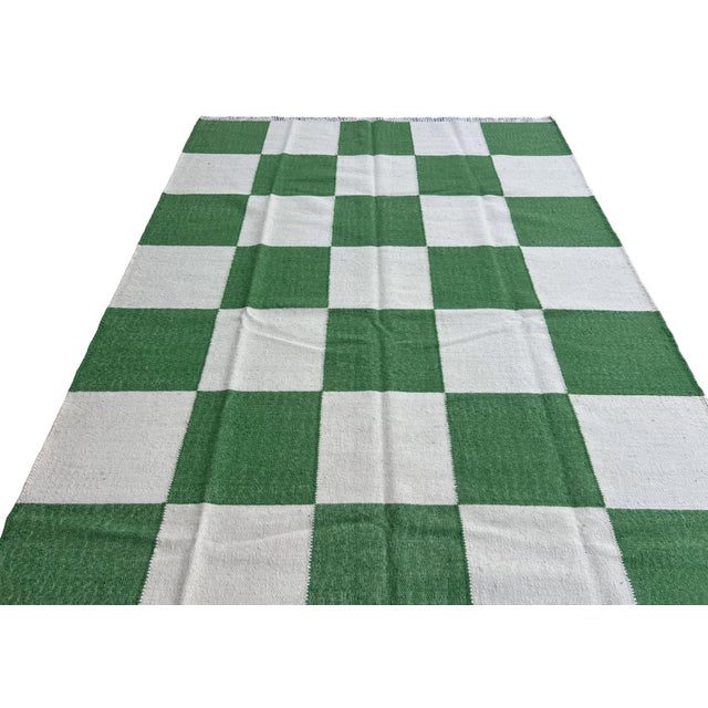 Handmade Woolen Flat Weave Rug, Moss Green and White Checker Board Dhurrie - 5'x8' For Sale - Image 10 of 12
