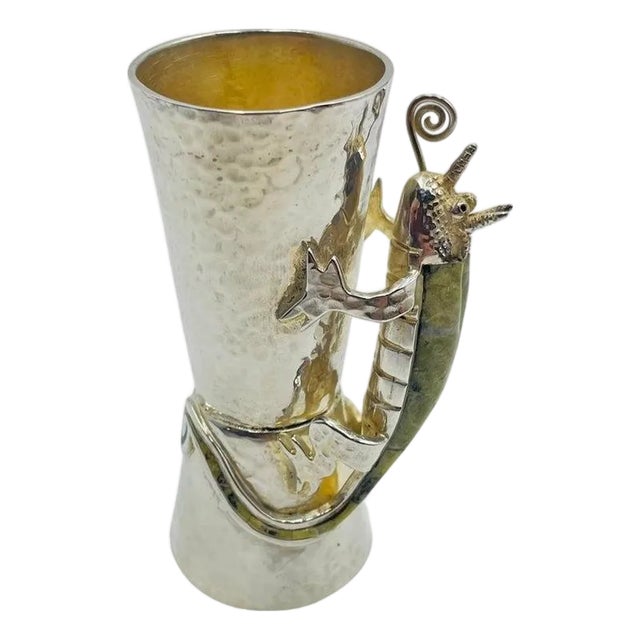 1970s Los Castillo Taxco Silver Plate & Stone Lizard Shot Glass, Mexican Silversmith For Sale