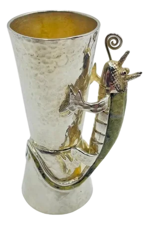 1970s Los Castillo Taxco Silver Plate & Stone Lizard Shot Glass, Mexican Silversmith
