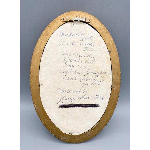 Vintage Framed Shell Art White Mushroom Motif With Blue Background Signed by Artist Chairish