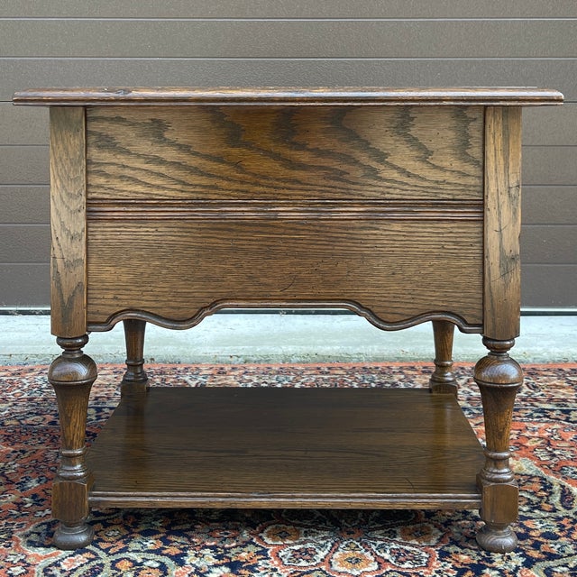 1970s Ethan Allen Royal Charter Collection Jacobean Oak 2 Drawer Tiered Side or End Table For Sale - Image 11 of 14