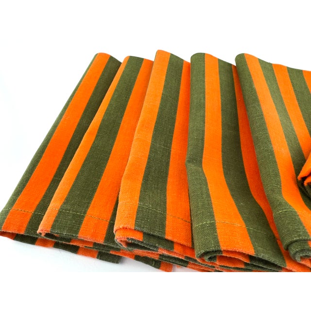 1960s Mid-Century Modern Orange and Olive Green Striped Cotton Napkins - Set of 6 For Sale - Image 4 of 8