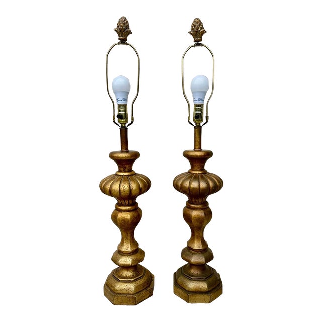 Pair of Monumental 1920s Italian Carved Giltwood Pineapple Table Lamps - 36" Tall Hollywood Regency For Sale