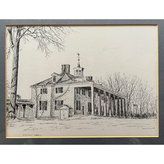 1970s Framed Prints of Virginia Woodlawn Plantation & Mount Vernon Etchings by Acclaimed Architectural Portraitist, Bulent Atalay For Sale - Image 4 of 12