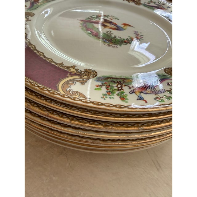 1940s Myott Chelsea Bird Dinner Plates 9 7/8” Burgundy Transferware England - Set of Eight (8) For Sale - Image 11 of 12