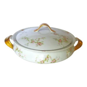 Antique Theodore Haviland Limoges Pink Roses With Gold Handles Round Tureen