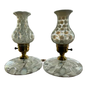 Set of Two Lamps Early 20th Century White Opalescent Coin Dot Boudoir Lamps Attributed to Fenton