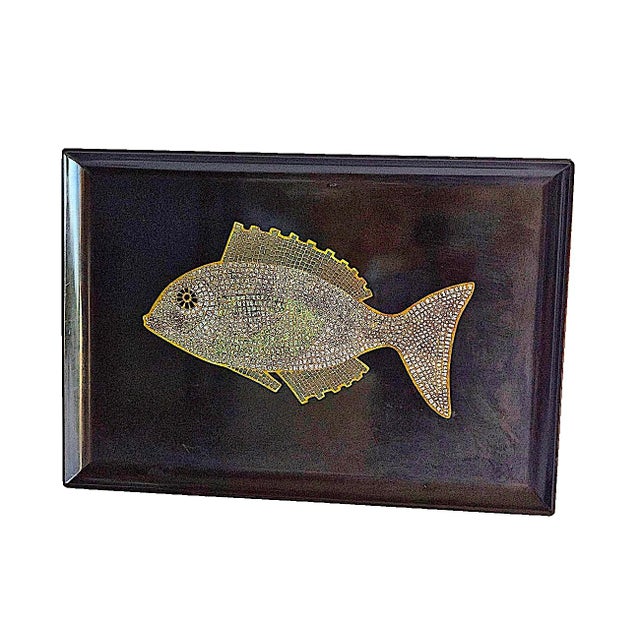 Offered is a large tray by Couroc of Monterey, California with an inlaid fish motif featuring brass encasing pebbled...
