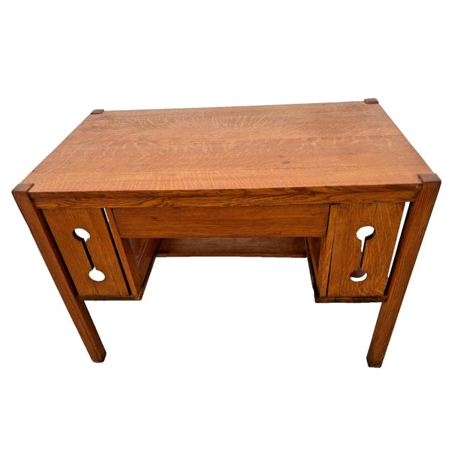Antique Mission Arts and Crafts Library Desk, Drawer, Tiger Oak, Side Shelves For Sale In Palm Springs - Image 6 of 12