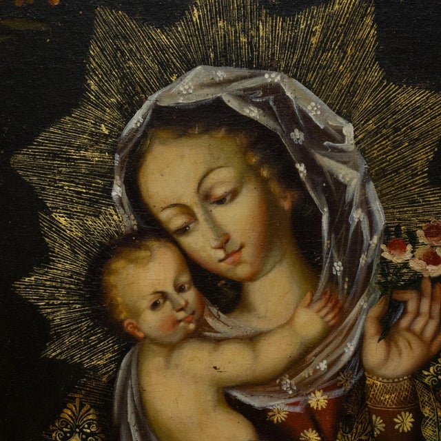Religious Madonna & Child, Peru, Oil on Canvas Painting Pre 1970 For Sale - Image 3 of 9
