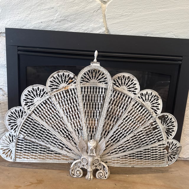 Victorian Mid 20th Century Victorian Revival Folding Fan Brass Painted Winged Griffin Fireplace Screen For Sale - Image 3 of 8