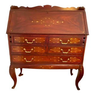 Vintage 1970s Handmade Pakistani Secretary Desk With Brass Inlay For Sale