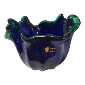 Murano Art Glass Hand Blown Cobalt Blue Emerald Green Center Bowl Vase