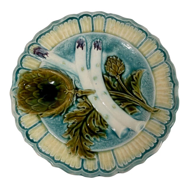 1890s Antique French Salins Majolica Asparagus Plate For Sale