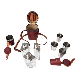 Vintage Paul Smith Leather Travel Cocktail Set With Stainless Cups & Flask - 13 pcs For Sale