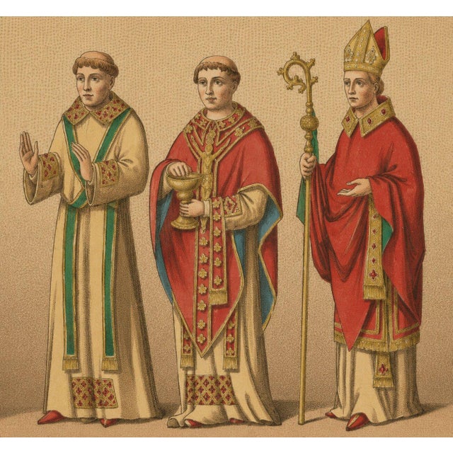 Late 19th Century Racinet, Gothic Vestments: Medieval European Clergy Costumes, 1888, Chromolithograph For Sale - Image 5 of 9