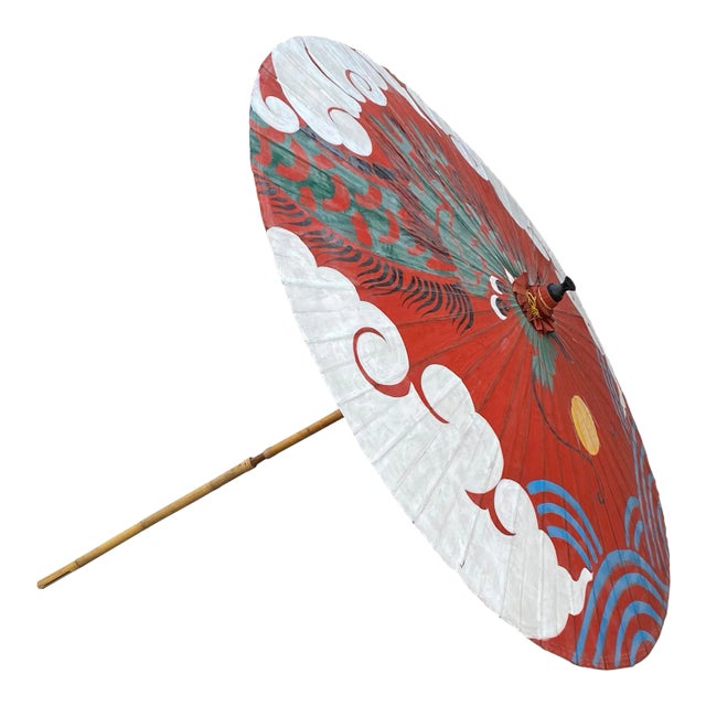 Chinese Handmade Large Round Green Dragon Theme Paper Umbrella Shade For Sale