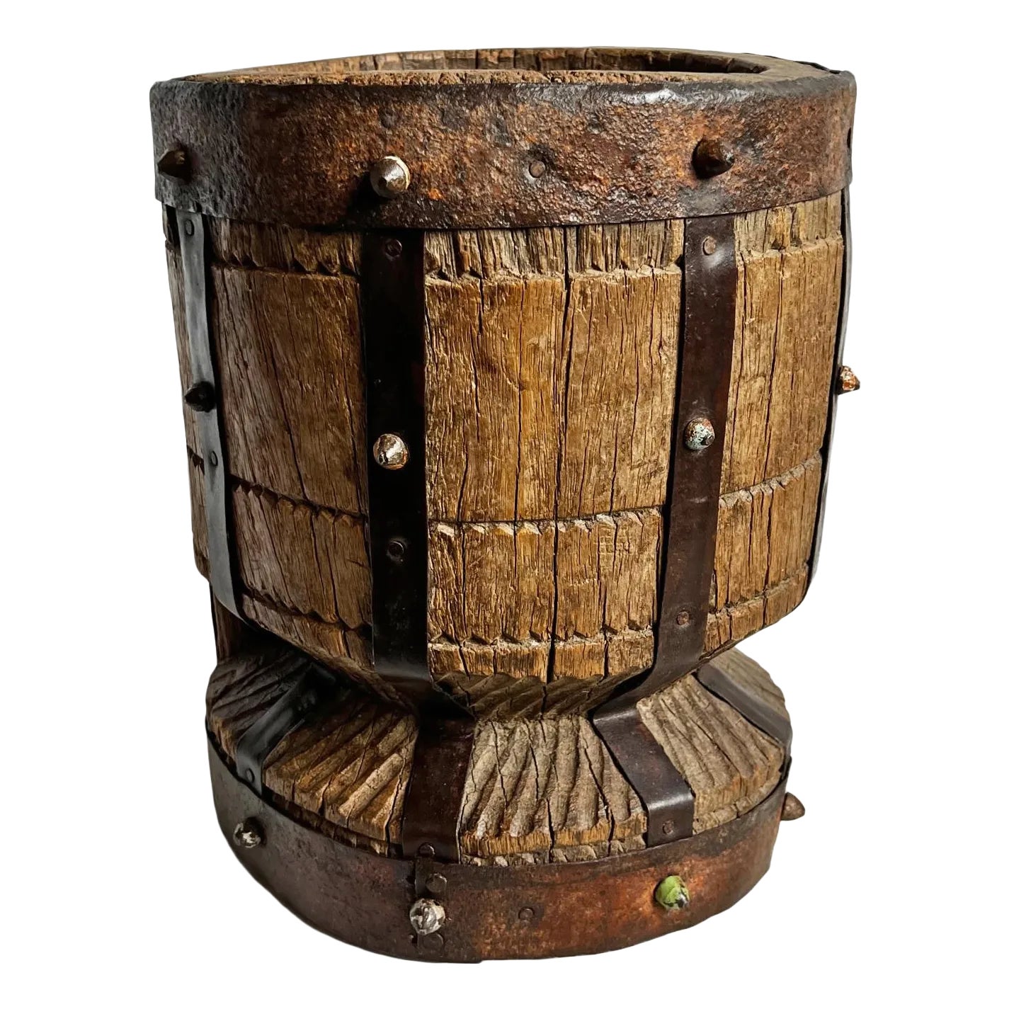 Rustic Vintage Wood Indian Pestle Pot | Chairish