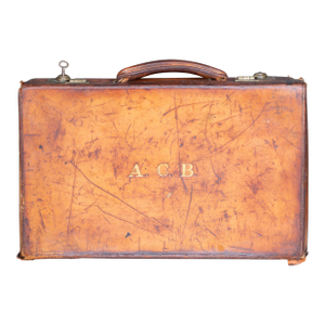 Small Leather Monogrammed Briefcase With Original Travel Tag c.1940