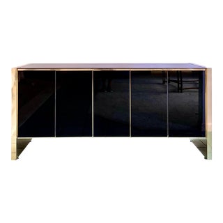 1960s Vintage Ello Black Glass & Gold Mirrored Credenza For Sale
