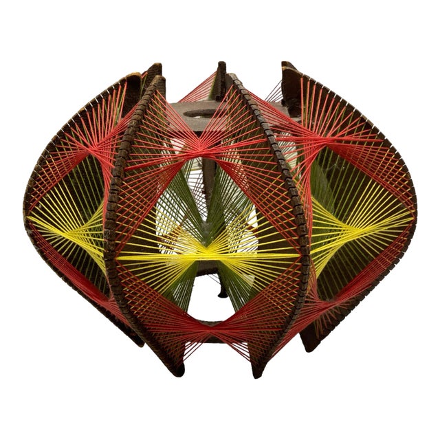 Vintage String Art Pendant, Wood, Cotton in Orange/Red, Green, Yellow, 1970s For Sale